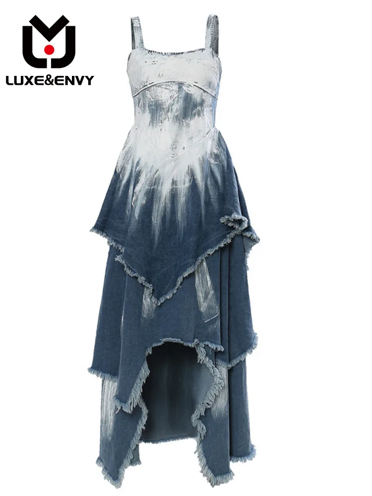 LUXE&ENVY 2023 New Stylus Printing Personalized Wash Denim Mid Length Tank Top Autumn Jumper Dress Elegant Women