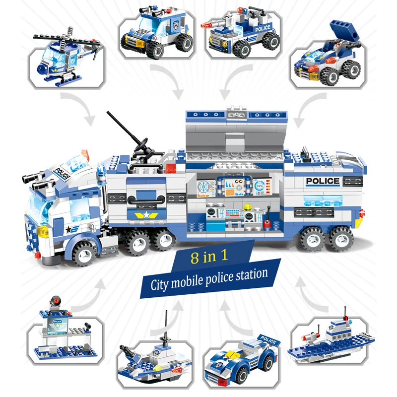 

762Pcs City Police Command Vehicle Robot Aircraft Car Model Building Blocks SWAT Assembly Creative Bricks Educational Kids Toys