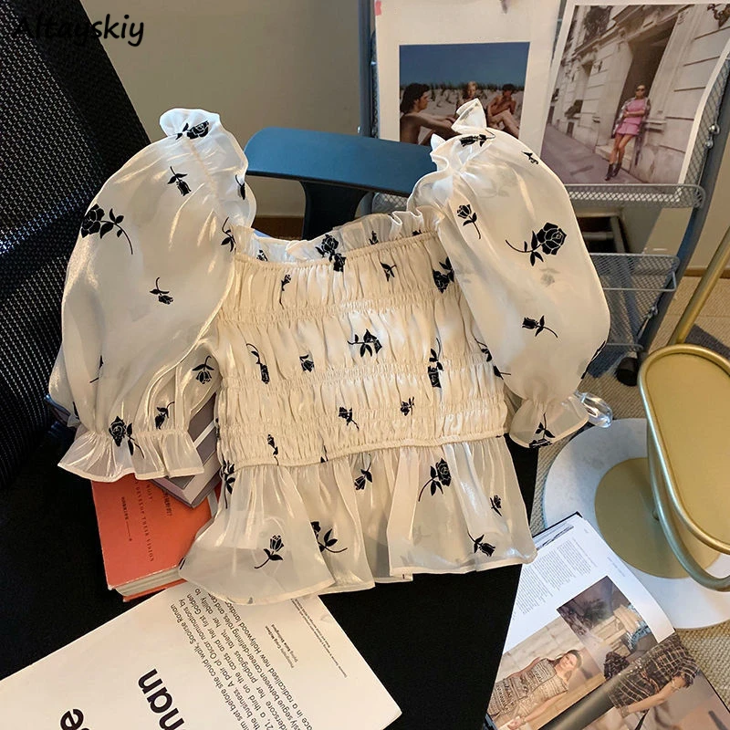 

French Style Print Square Collar Puff Sleeve Blouses Women Summer New Slim Cropped Elegant Sweet Ladies Thin Sexy All-match Ins