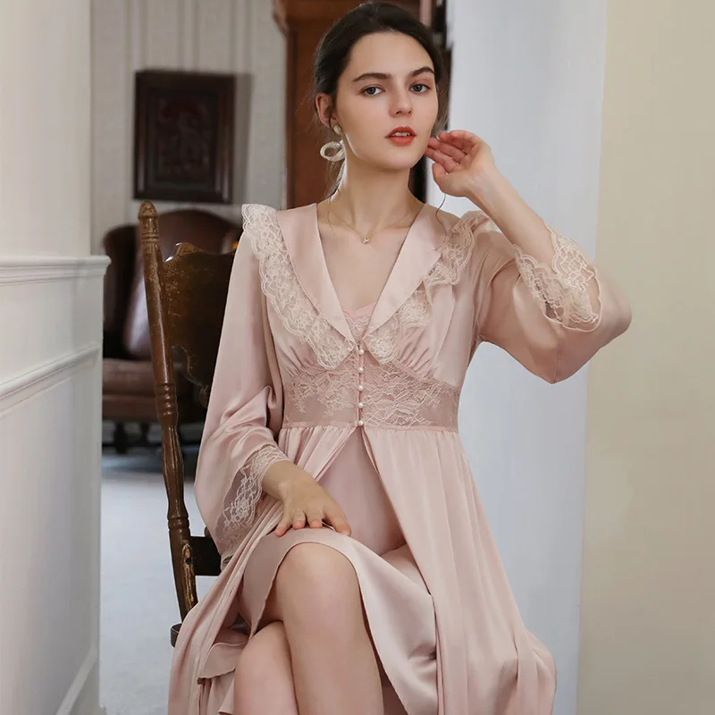 Summer New French Satin Women's Robe Set Sexy Lace Sling Sleepwear Exquisite Bead Nightgown Long Bathrobes Female Home Wear