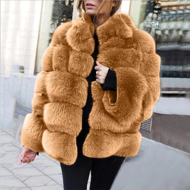 High Quality Fashion Silver Fox Fluffy Fall Winter Faux Fur Coat Women Jacket Luxury Stand Collar Long Sleeve Fur Jacket Female