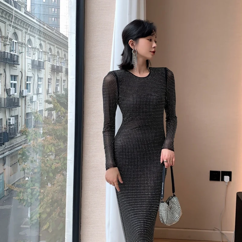 

Роскошные Алмазы из бисера для женщин Bodycon Карандаш платье 2023 Ранняя весна перспектива черный Сетчатое платье с длинным рукавом Длинные веч...