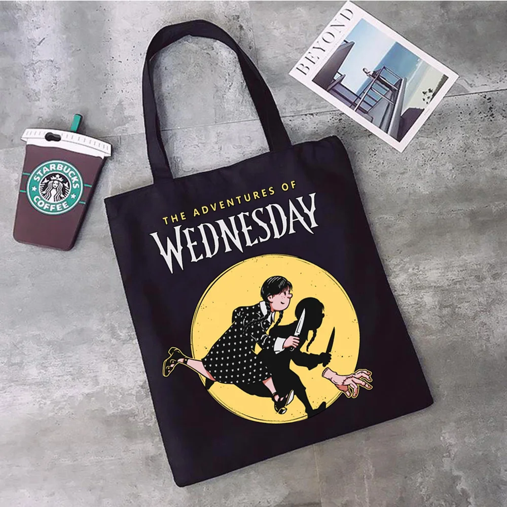 

Nevermore Academy Wednesday Addams shopping bag shopper reusable grocery tote bolsa bag string woven foldable sacolas