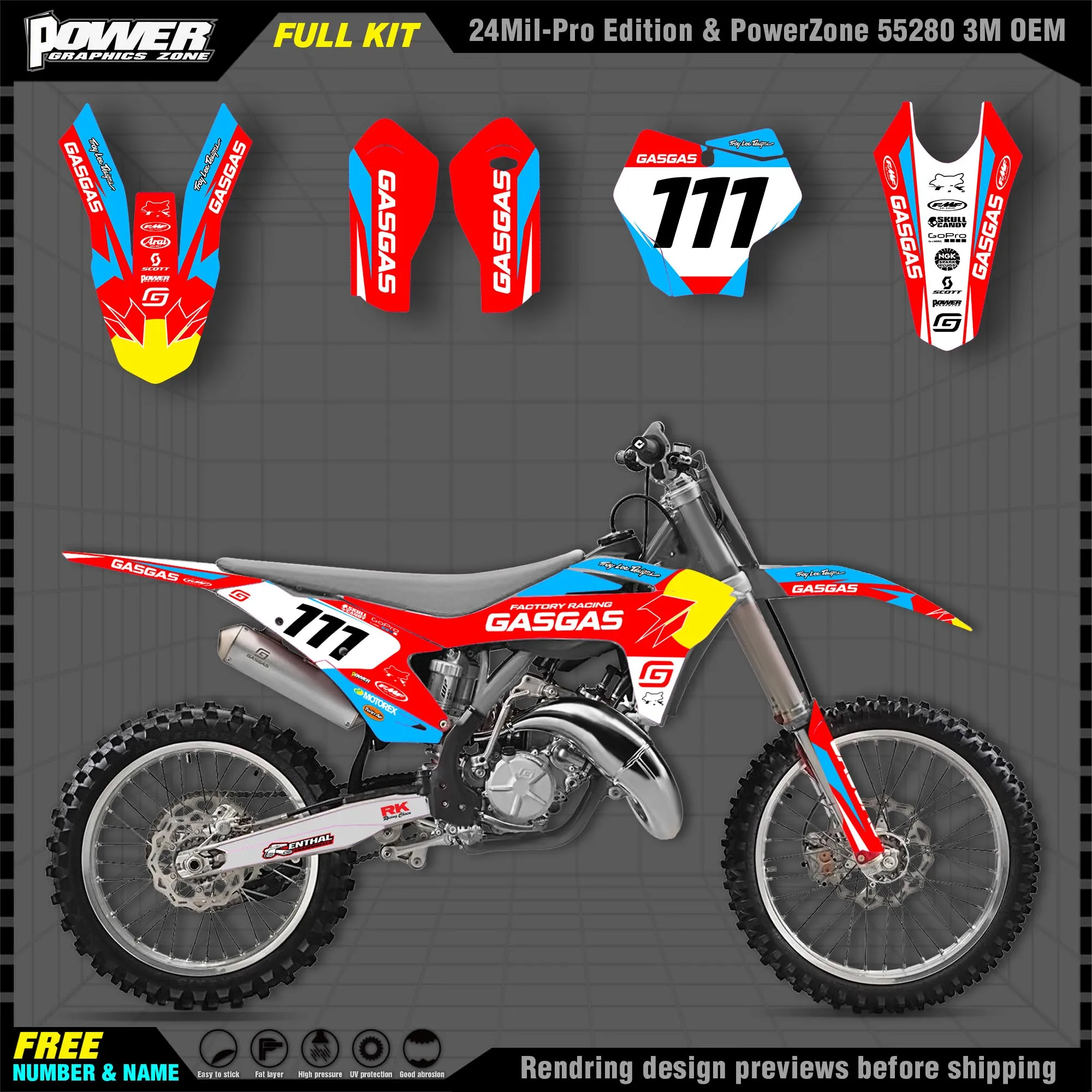PowerZone Custom Team Graphics Backgrounds Decals 3M Stickers Kit For GASGAS 2021 2022 2023 EC MC 001