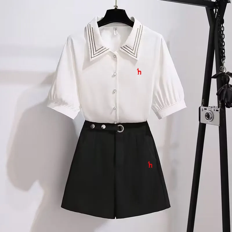 Women's Shirt Set Embroidered Logo Short Sleeve and Short Skirt 2-Piece Set 2023 New Summer Fashion Casual Chiffon Shirt