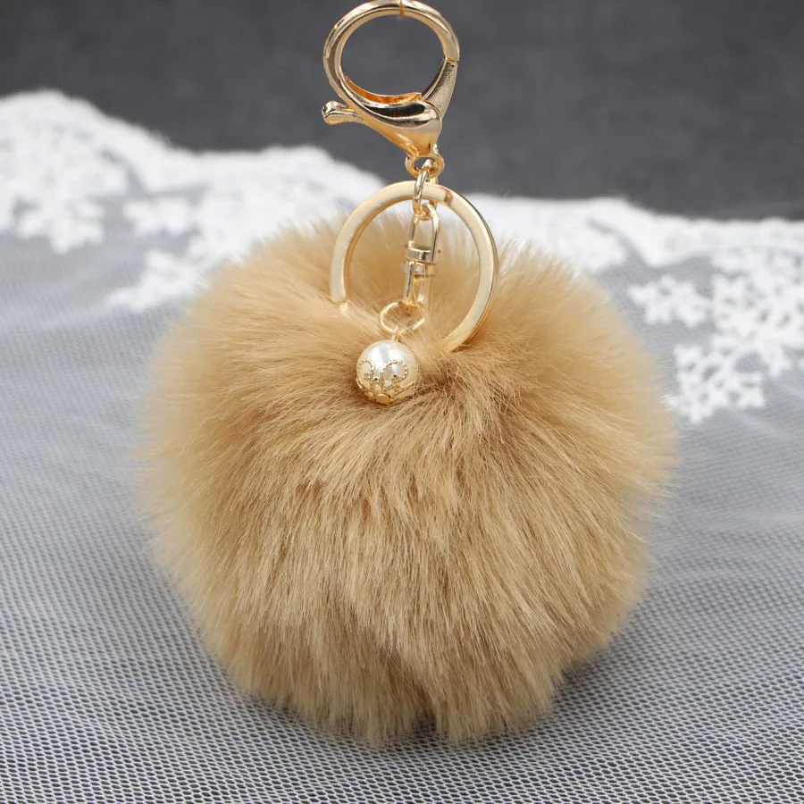 

Factory Wholesale 8CM Pom Poms Keychains with Pearl Fluffy Pompoms Keychain Faux Rabbit Fur Pompoms Keyring for Girls Women 2022