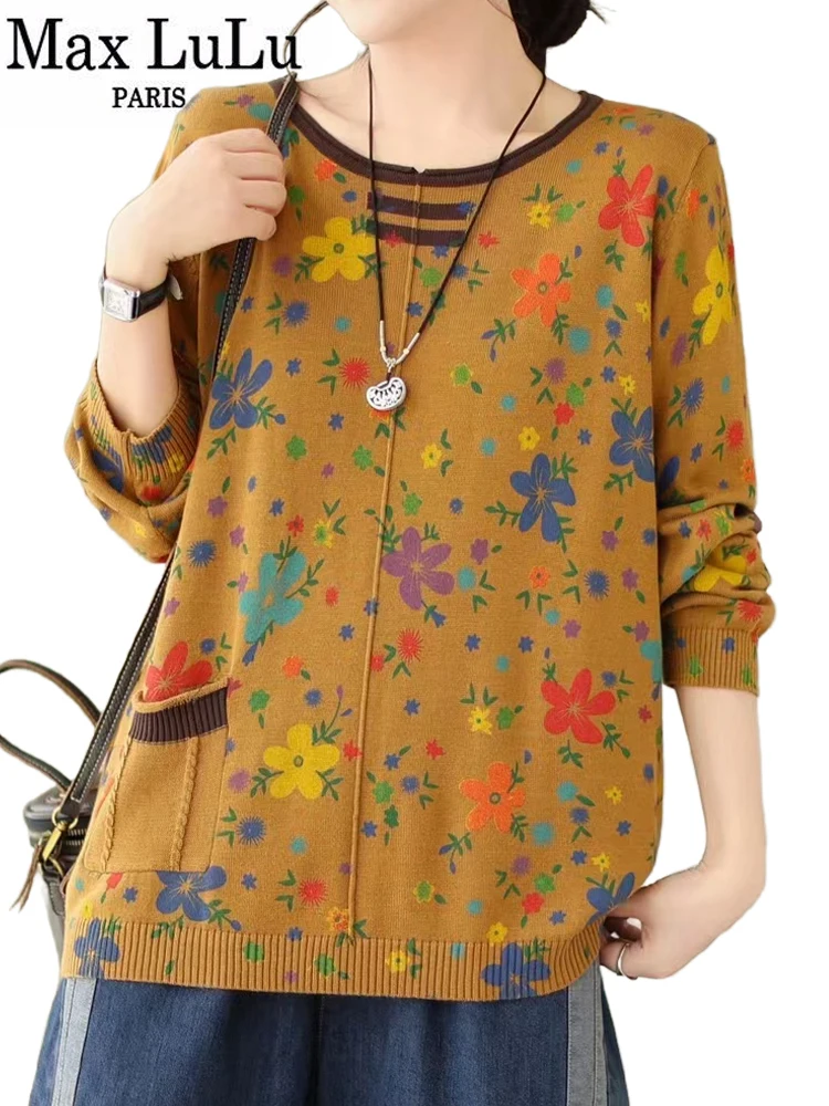 Женский хлопковый свитер с круглым вырезом цветочным принтом