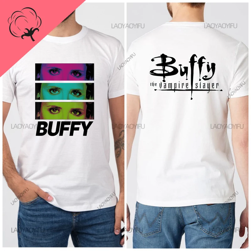 Фото Женская футболка Luke Perry Buffy, мужские рубашки The Vampire Slayer, уличная одежда, 100% хлопок, манга Y2k, мужская одежда, футболка с короткими рукавами №2