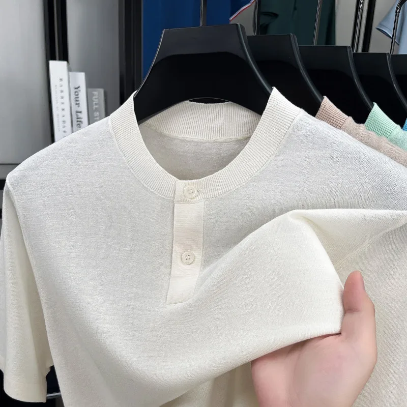 Фото 75,4% лиоцелловые футболки, мужские весенне-летние модные трикотажные изделия с воротником Генри, 9,5% льняной дышащий топ, трикотажная рубашка с короткими рукавами №5