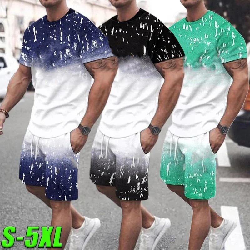 Summer new men's short-sleeved shorts suit fashion faded short-sleeved suit large size M-5XL