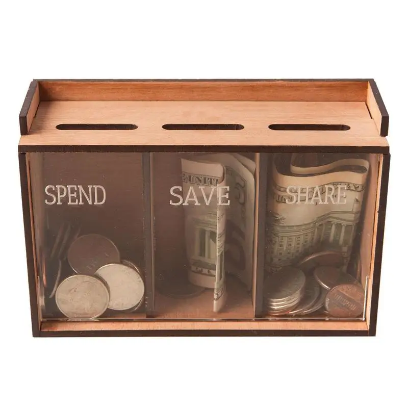 3 Compartments Wooden Coin Bank With Removable Lid Portable Home Coin Banks For Holiday Gift Money Box For