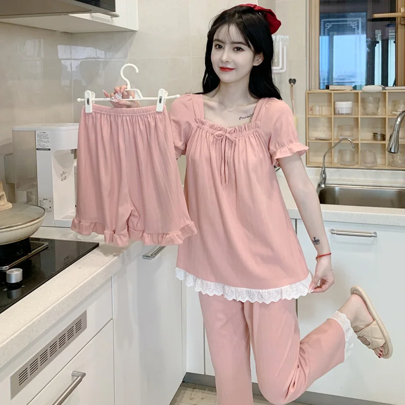 Pajamas women's three-piece summer short-sleeved shorts cotton thin princess style trousers spring schoolgirls' home clothes