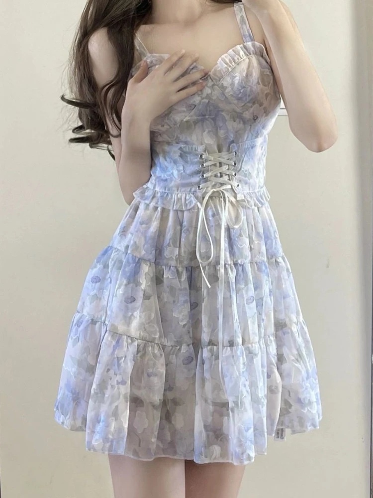 

2023 Summer Floral Sweet Y2k Mini Dress Women Casual One Piece Dress Korean Fashion Sleeveless Fairy Elegant Short Party Dress