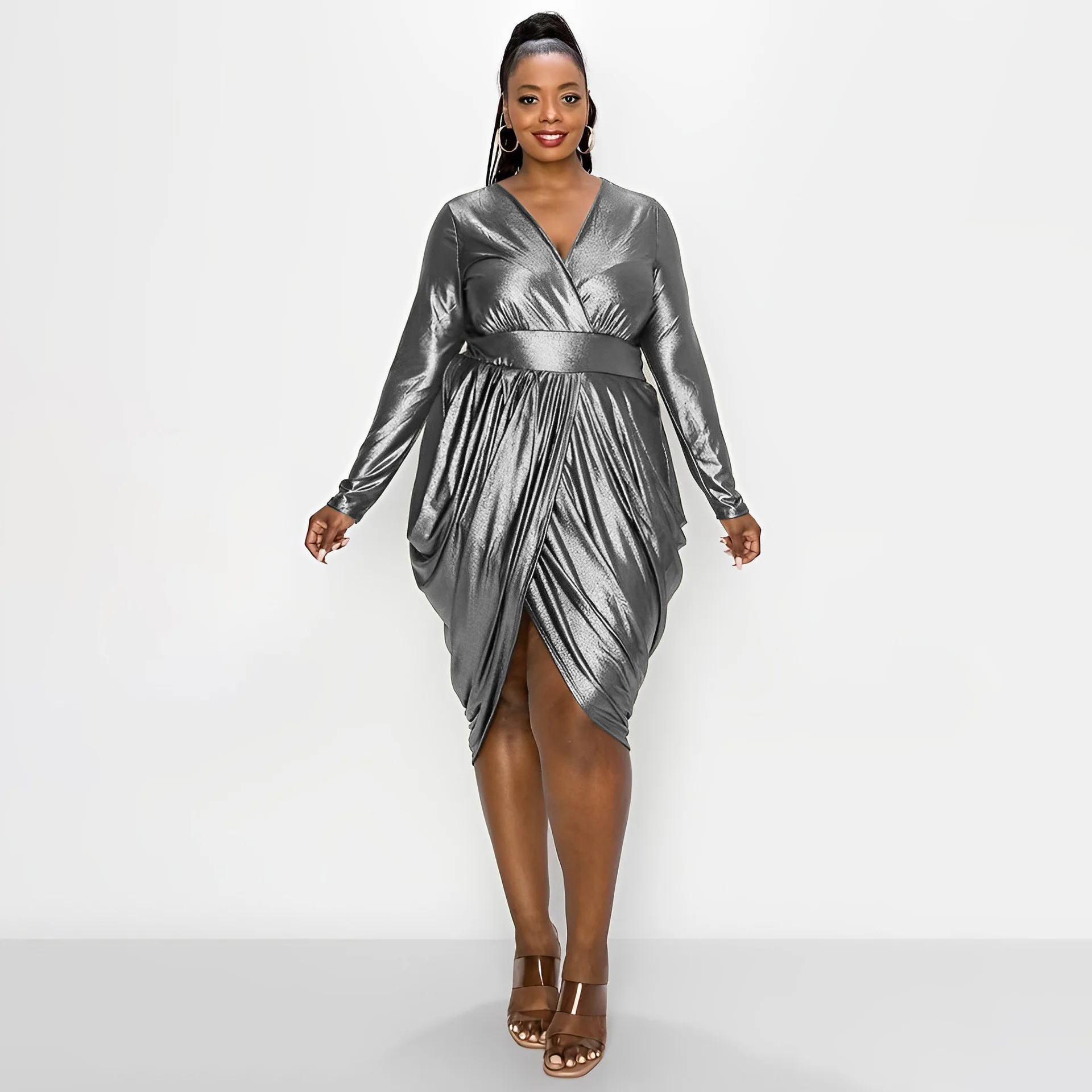 Plus Size Sexy Bronzing Pleated Bodycon Dress V Neck Long Sleeve Irregular Skinny Night Club Short Vestidos 2022 Female Clothing
