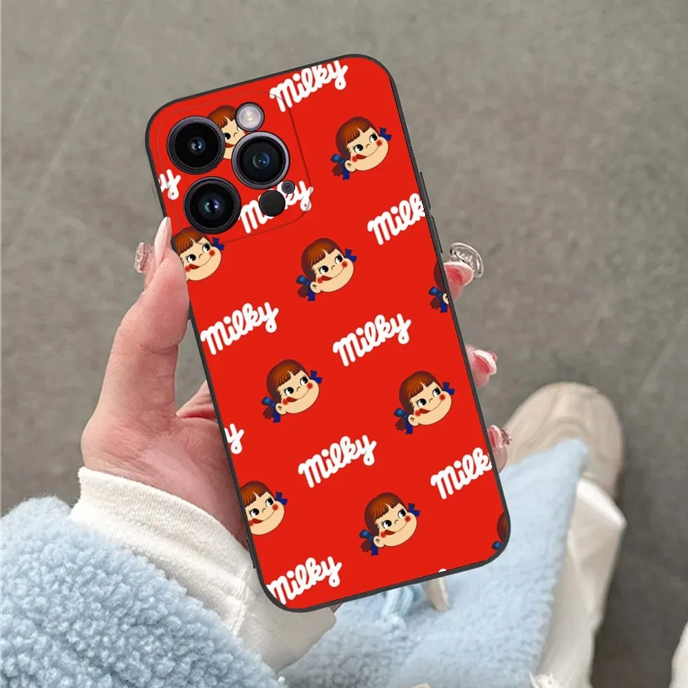 Fujiya Milky Peko-Chan Phone Case For iPhone 16 15 14 13 12 11 Plus Pro Max XS X XR SE Mini 8 7 Soft Silicone Black Cover