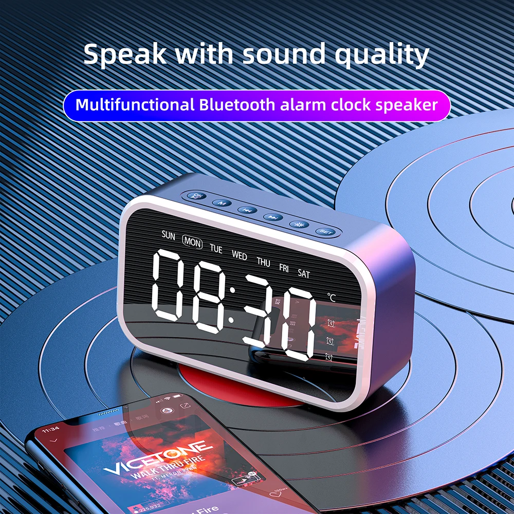 

Bluetooth Speaker Desktop Alarm Clock Wireless Mini LED Mirror Digital Mobile Phone Gift Stereo Sound Effects