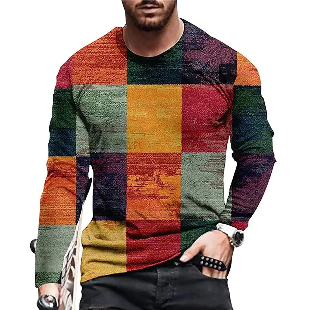 

Autumn T Shirt For Mens 3d Lattice Print Streetwear Vintage Graphic T-Shirts Oversized Long Sleeve Tops Tees Shirt Men Clothing