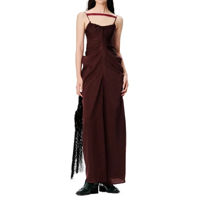 

Элегантные и красивые женские платья, Новинка лета 2023, корейская мода, плиссированное облегающее длинное платье с открытой спиной, женские платья на бретелях y2k