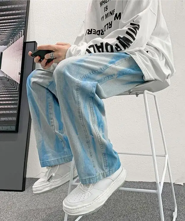 Jeans Men Tie Dye Print Denim Pants Baggy Elastic Waist Straight Trousers High Street Punk Cool Green Jeans