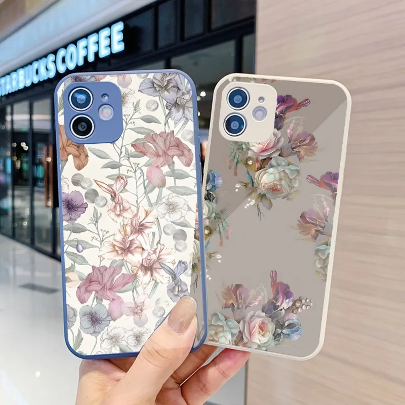 

Vintage Flowers Phone Case For IPhone 14 13 12 11 Pro Max X XR XS 8 7 Plus Liquid Glass Color Phone Cover