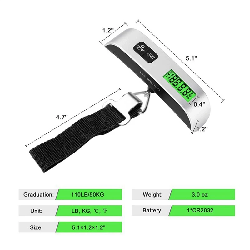 Цифровые весы для багажа с ЖК-дисплеем 50 кг/110 фунтов