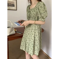 2022 summer womens french retro green floral dress fashion casual puff sleeves square collar gentle temperament ladies clothing