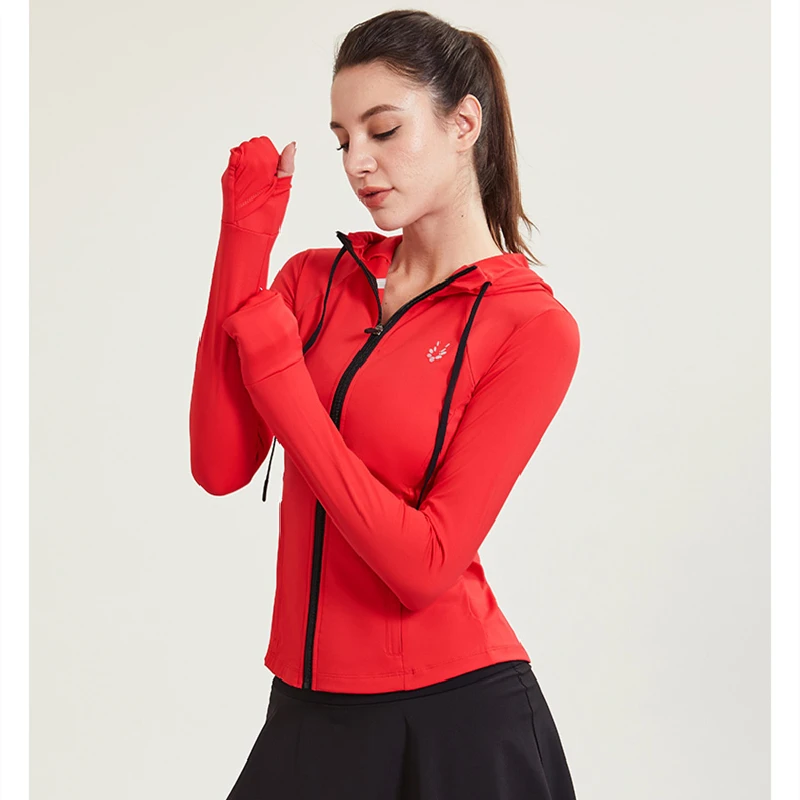 Women Autumn Winter Sports Hooded Jacket Top Tight Fitting Yoga Sportswear Running Quick Drying Zipper Clothes Gym Long Sleeved