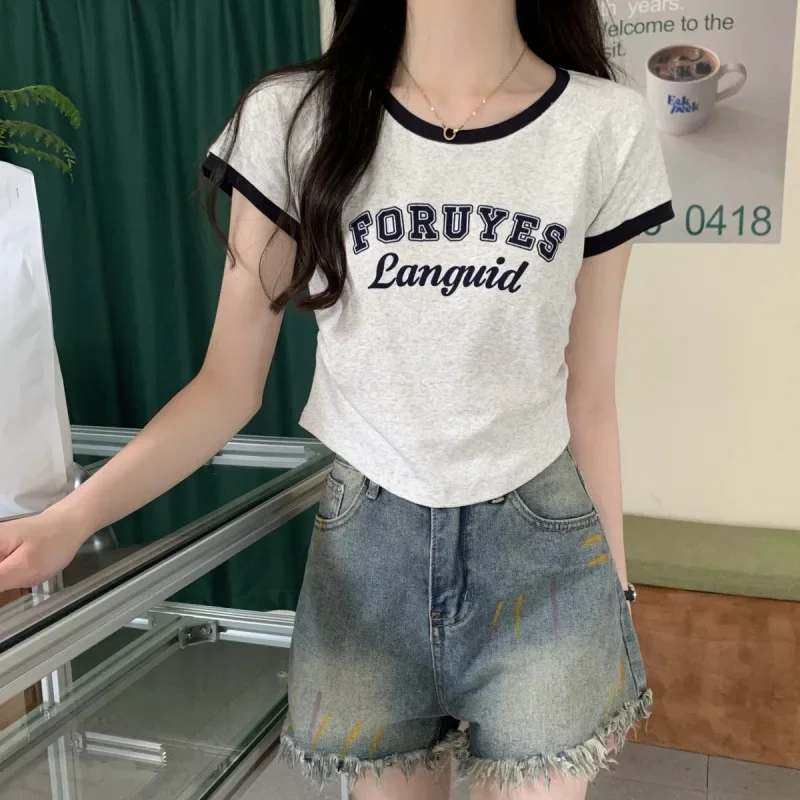 DXH-1B01-A Летняя приталенная футболка в корейском стиле с цветным принтом и круглым