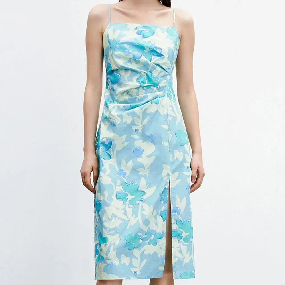 

Женское летнее длинное платье JUNWU, синее платье на бретельках с принтом в виде бабочек и разрезом, сексуальное элегантное платье