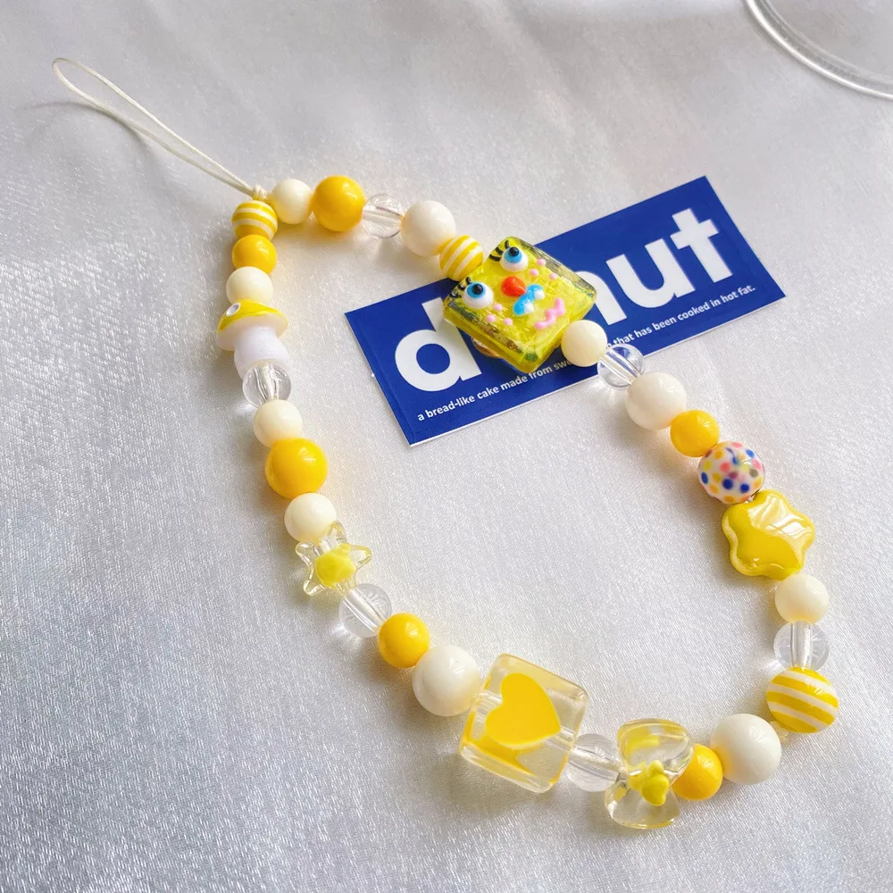 

Cute Cartoon Lanyard Acrylic Beaded Mobile Phone Chain Yellow Square Exquisite Pendant Creative Decoration Ornament Gift Female