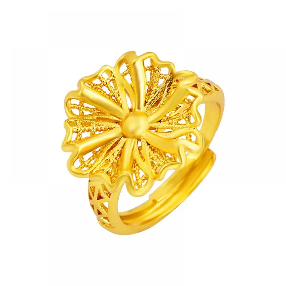 

HOYON Gold 24k color real 100% Women's Ring Opening Adjustable Large hollow out Flower Ring than oro 18 k puro Jewelry is good