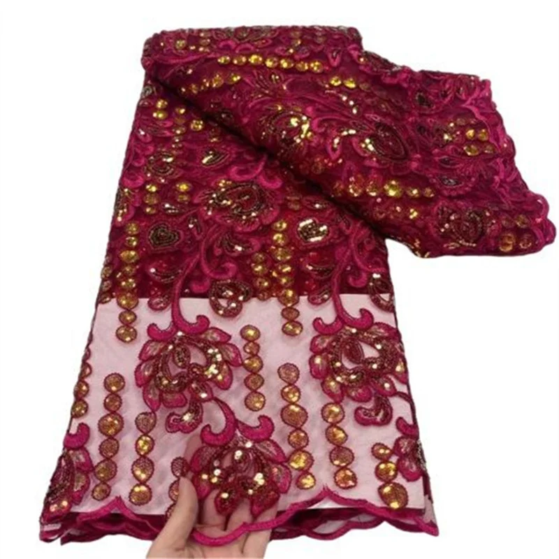 

Красная роскошная кружевная Ткань 5 ярдов Высококачественная вышивка блестками Африканское кружево нигерийский Свадебный швейный материал Asoebi