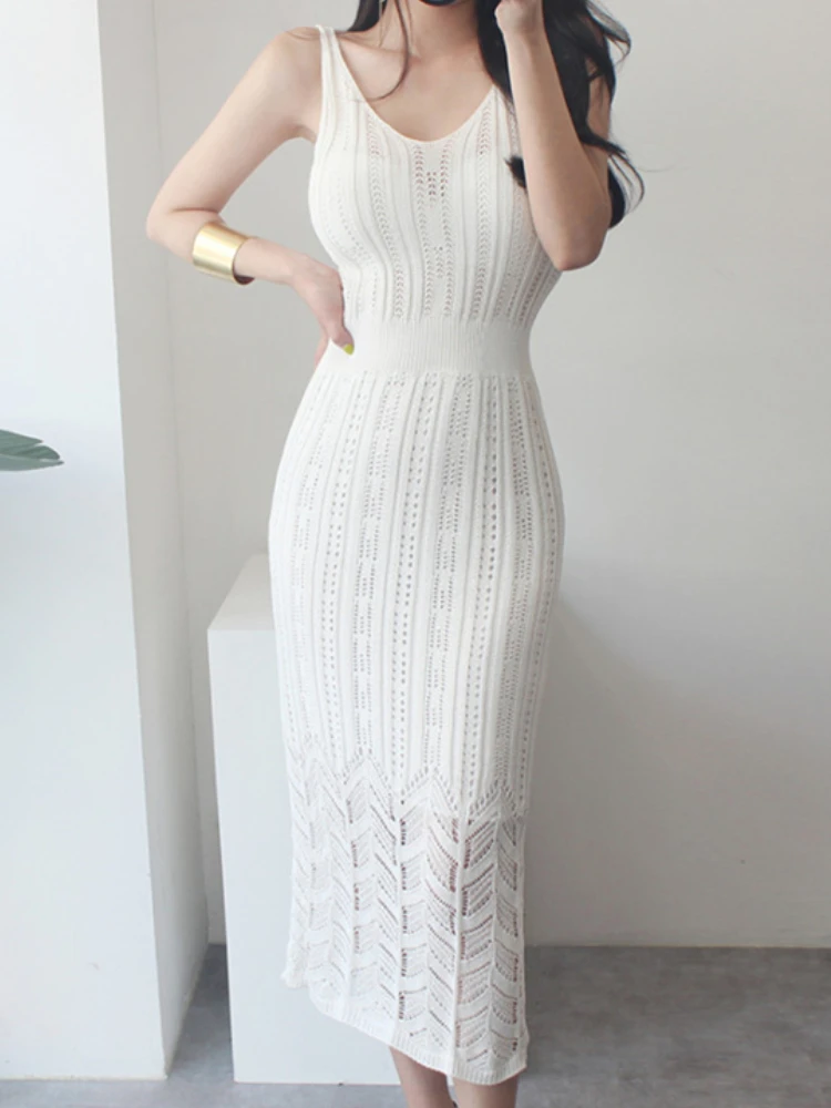 

Women's Summer Elegant Knitted Strap Midi Dress Sleeveless Sexy Bodycon Party Club Vestidos Female Fashion Evening Clothes