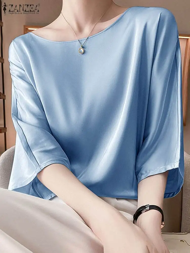 

ZANZEA Korean Office Ladies Elegant Shirt Blouse Satin Women Half Sleeves Tops Summer Fashion 2022 Casual Shirts