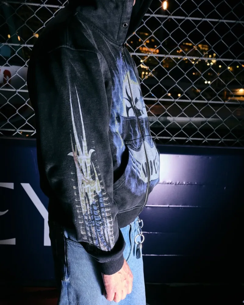 Фото Хип-хоп мода ретро мужская толстовка с капюшоном на молнии Y2k Harajuku готическая новая куртка американский тренд свободная толстовка большого размера №4