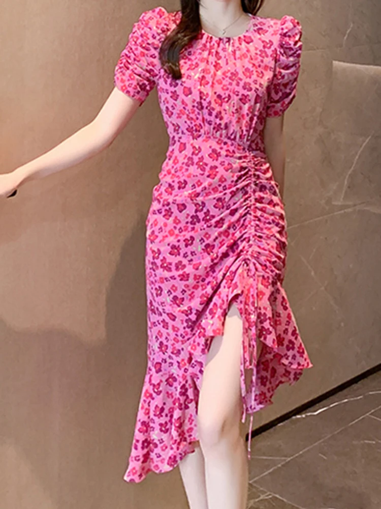 Elegant V-Neck Printed Bubble Sleeve Dress Slim Fit Fishtail Dress 2023 Summer New Fashion Women'S Clothing