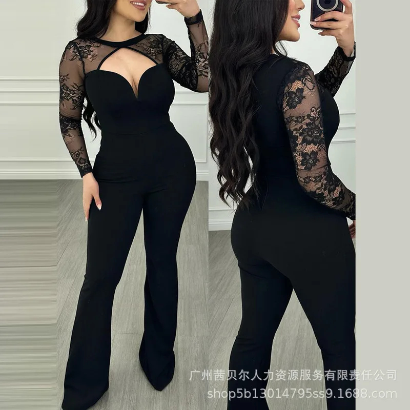 

Lace Patch Cutout Bootcut Jumpsuit Women Spring Summer Overall Pants High Waist Sexy Hollow Out V Neck Full Length Jumpsuits