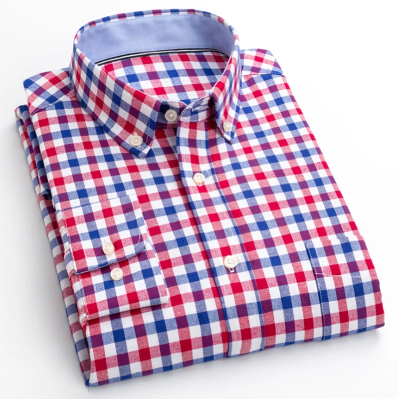 

Мужская хлопковая рубашка из ткани Оксфорд, приталенная деловая Повседневная рубашка в клетку, с длинными рукавами, не требует глажки, весна-осень