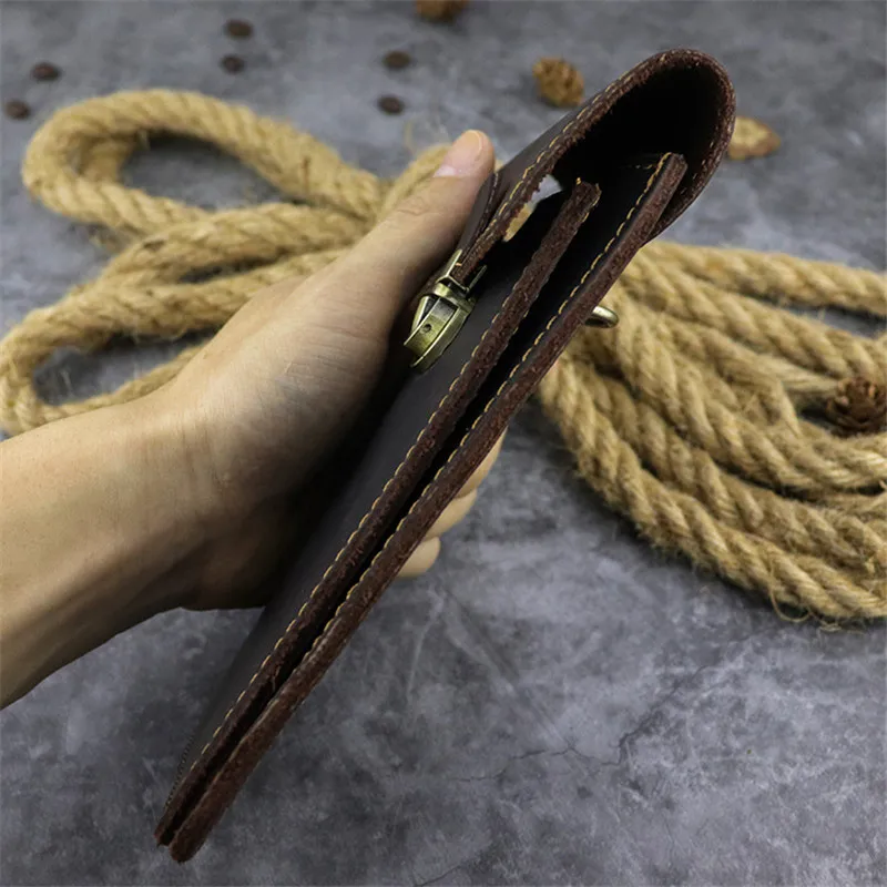 Simple fashion genuine leather men's buckle phone waist packs high quality natural crazy horse cowhide thin small storage bag