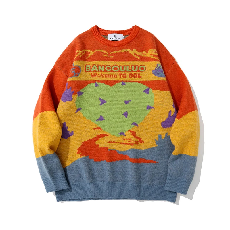 

Knitted Jumper Sweaters Streetwear Mens Hip Hop Harajuku Pullover Love Jacquard Contrast Color Jumper Fashion Outwear Christmas