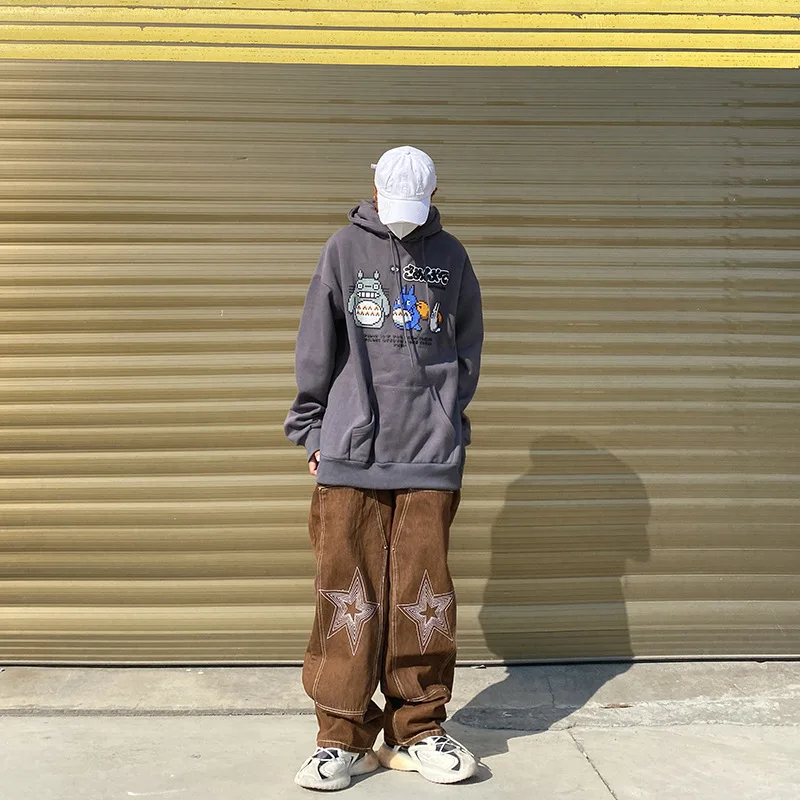 Four Seasons Men's Jeans Fashion Street Hip Hop Straight Patches Loose Versatile Solid Color Wide Leg Pants Street Men Clothing