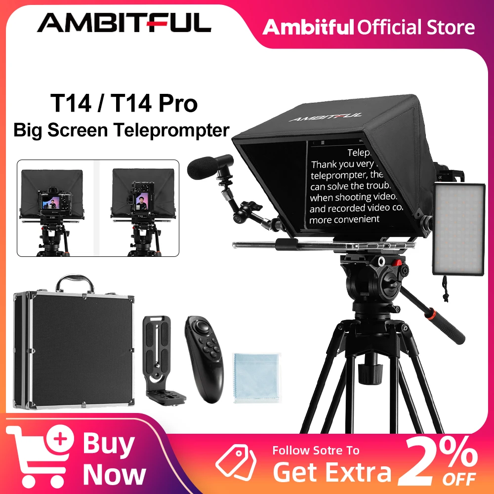 Фото Ambitful T14Pro с большим экраном, профессиональный складной телесуфлер для интервью для смартфона, DSLR-камеры, запись видео в реальном времени №1