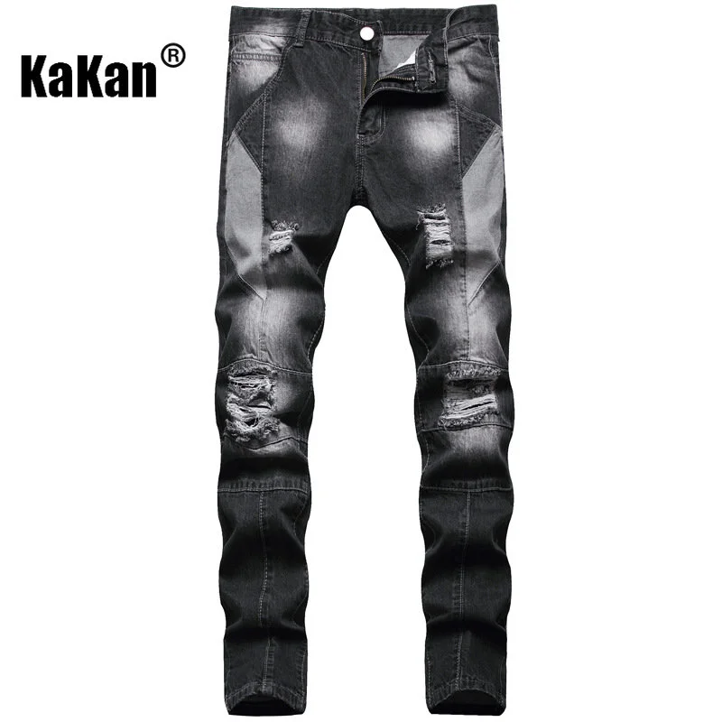 Kakan - New European and American Ripped Straight Leg Jeans for Men, Casual Mid Rise Youth Straight Leg Long Jeans K44-5016