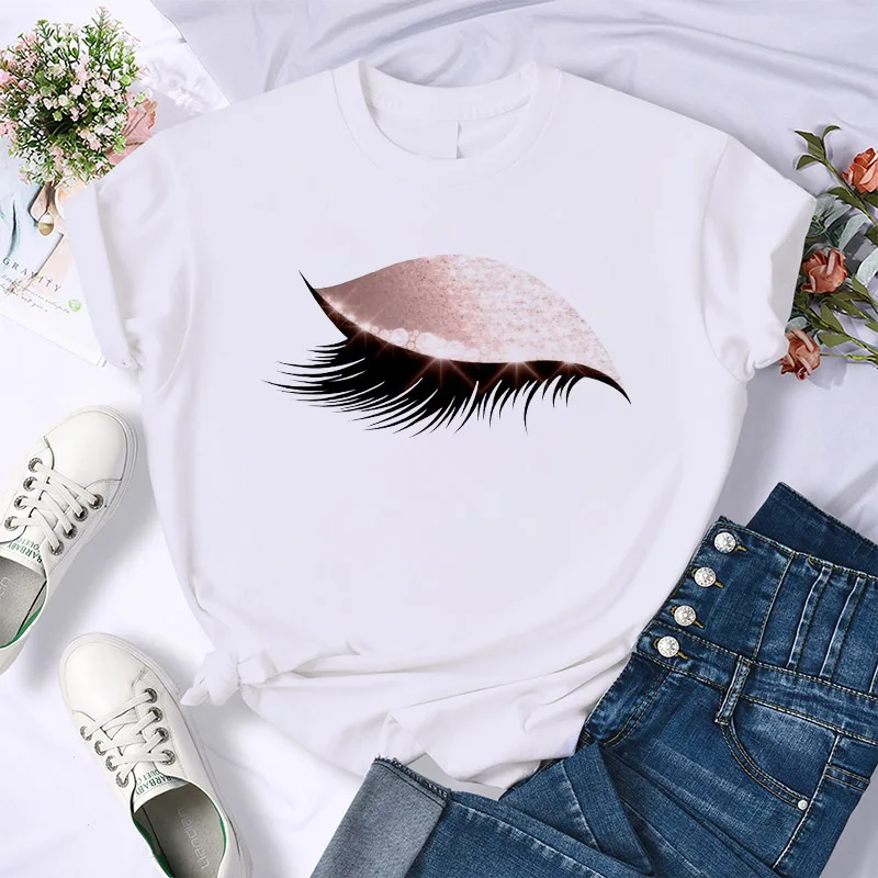 

New Fashion Eyes With Long Lashes Cartoon Pattern Design Women Round Neck Short Sleeve Printing T-shirt Tops T Shirt Lady Tees
