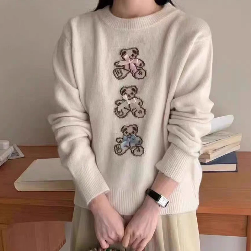 Корейский зимний женский милый теплый свитер с бантом и медведем вязаный