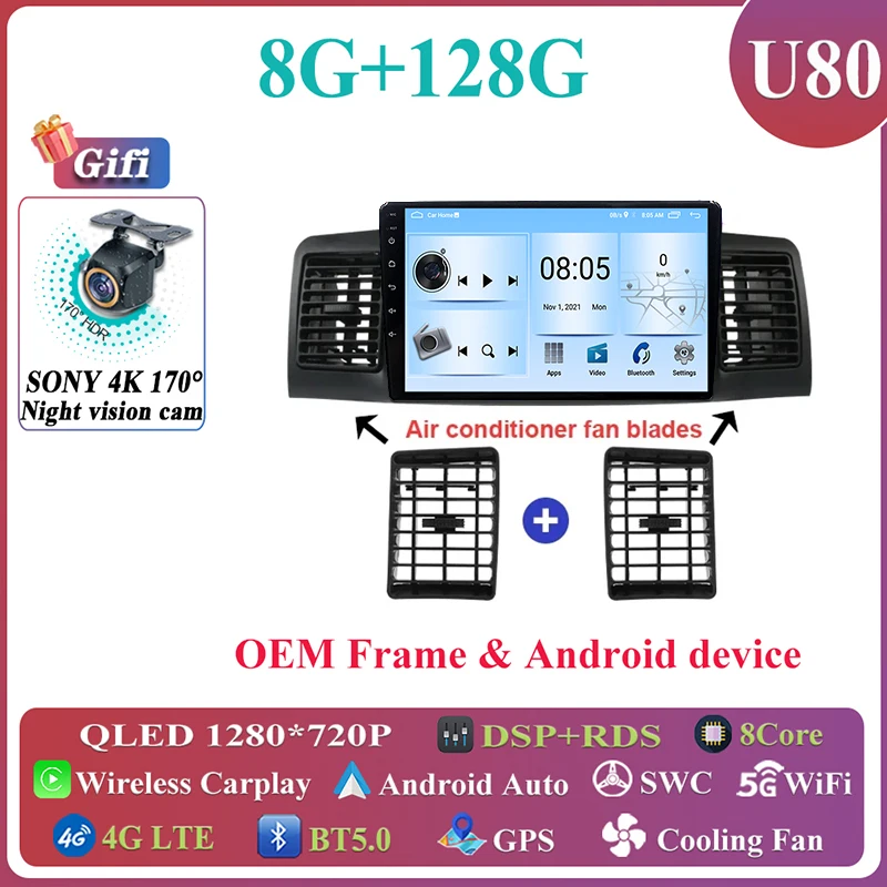 

Автомобильный радиоприемник Android 14, для Toyota Corolla E120 2000 2001 2002 2003 2004 2 Din DVD стерео мультимедийный видеоплеер GPS Carplay Auto