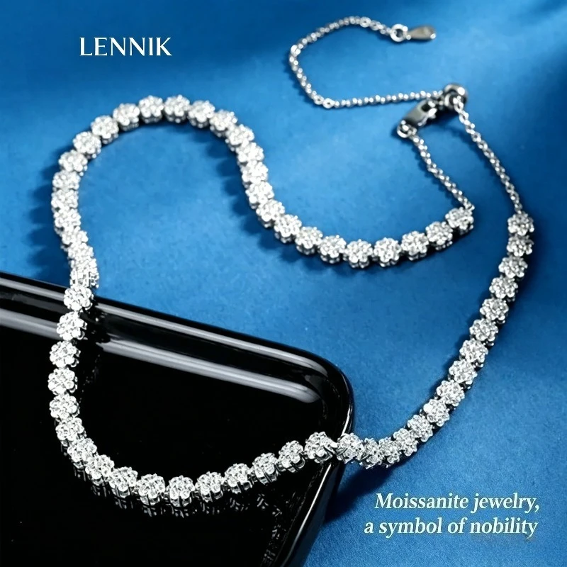 Фото Браслет-цепочка LENNIK Flower Full с муассанитами 1,5 мм цвета D, серебро 925 пробы, сертифицированный GRA, для женщин, свадебный №3