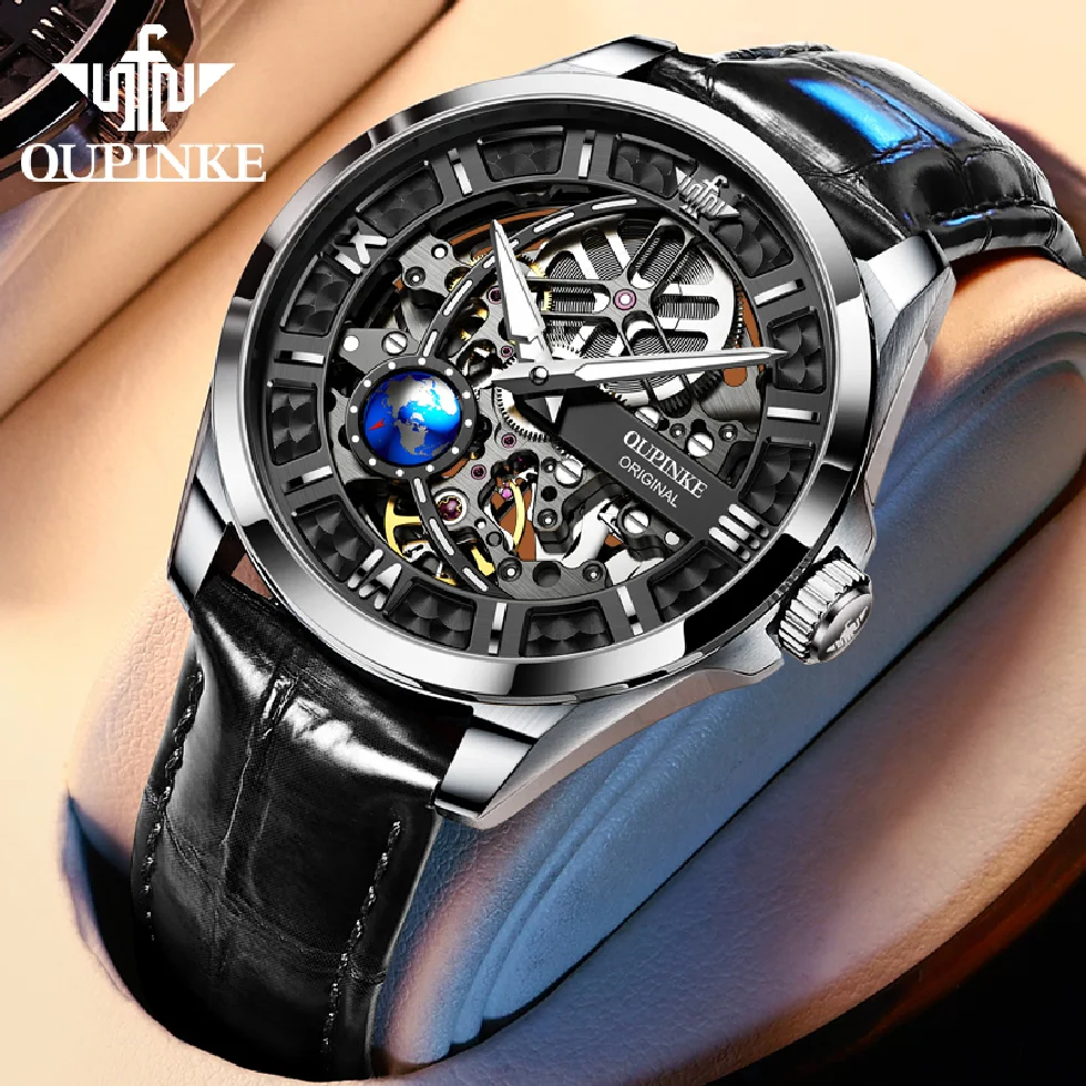 

OUPINKE Men's Watches Top Brand Luxury Automatic Mechanical Watch for Man 3D Vision Rotationg Second Dial Wristwatch Sapphire