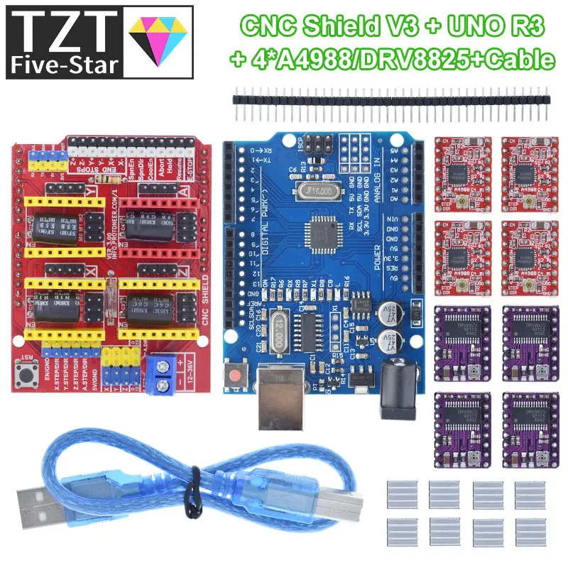 TZT CNC Shield V3 Гравировальный станок 3D-принтер + 4 шт. DRV8825 или A4988 Плата расширения