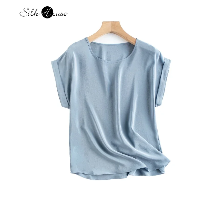 

Heavy Silk Ghost Crepe 2022 Summer New Mulberry Silk Round Neck Short Sleeve Blue Grey Top Loose Simple T-shirt Women